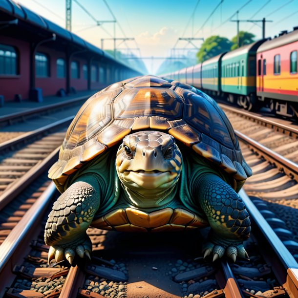 Ilustración de la tortuga en los pantalones vaqueros en las vías del ferrocarril