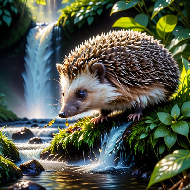 Image of a eating of a hedgehog in the waterfall