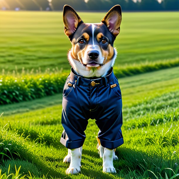 Foto de un perro en un pantalón en el campo