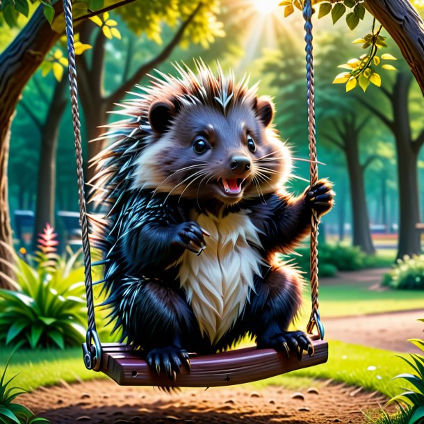 Image of a swinging on a swing of a porcupine in the park