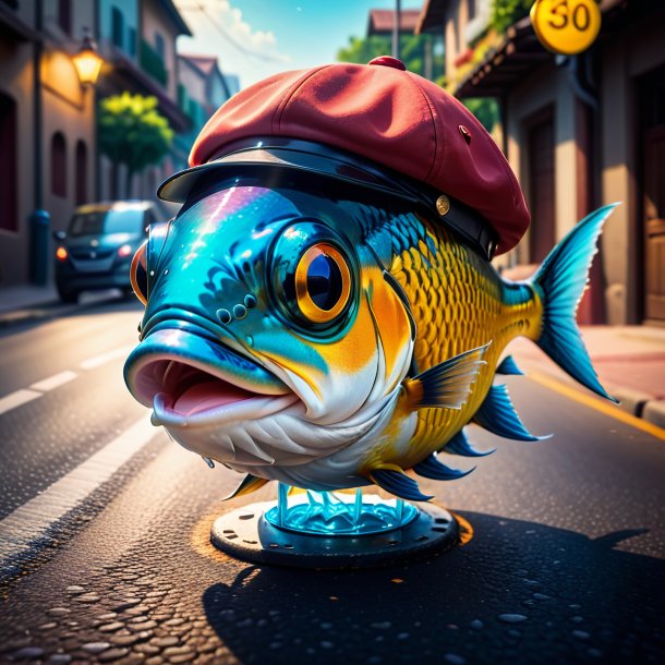 Image d'un poisson dans un chapeau sur la route