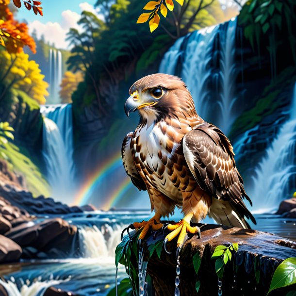 Image of a hawk in a gloves in the waterfall