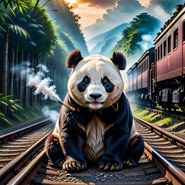 Picture of a smoking of a giant panda on the railway tracks