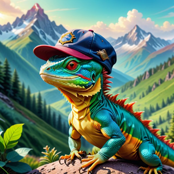 Drawing of a lizard in a cap in the mountains