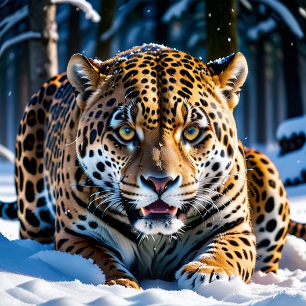 Photo of a crying of a jaguar in the snow