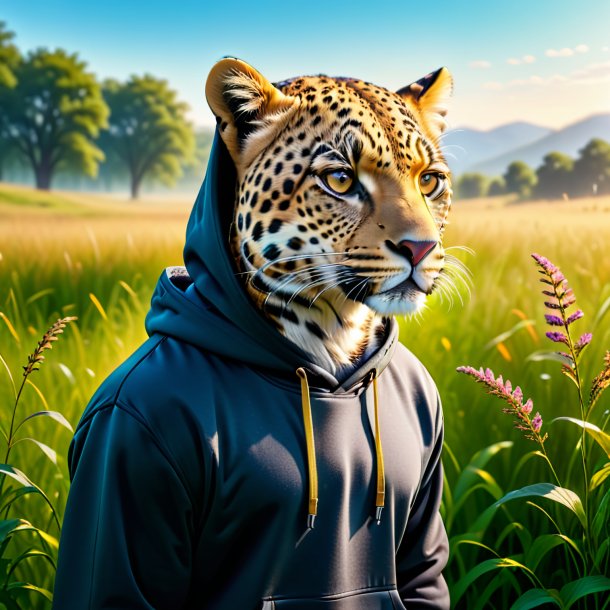 Um leopardo em um hoodie no prado