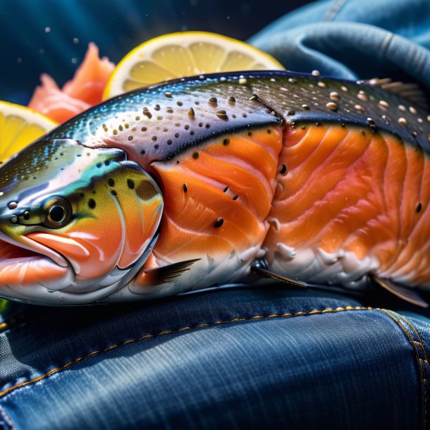 Picture of a salmon in a blue jeans