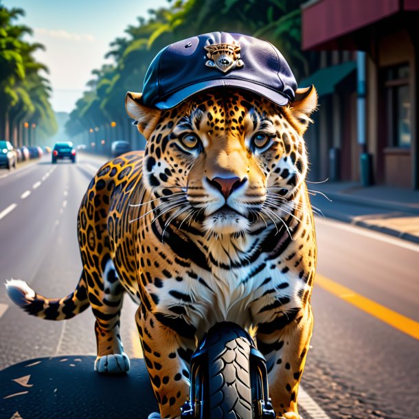 Picture of a jaguar in a cap on the road