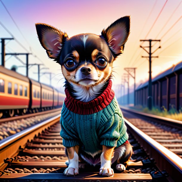 Illustration d'un chihuahua dans un pull sur les voies ferrées