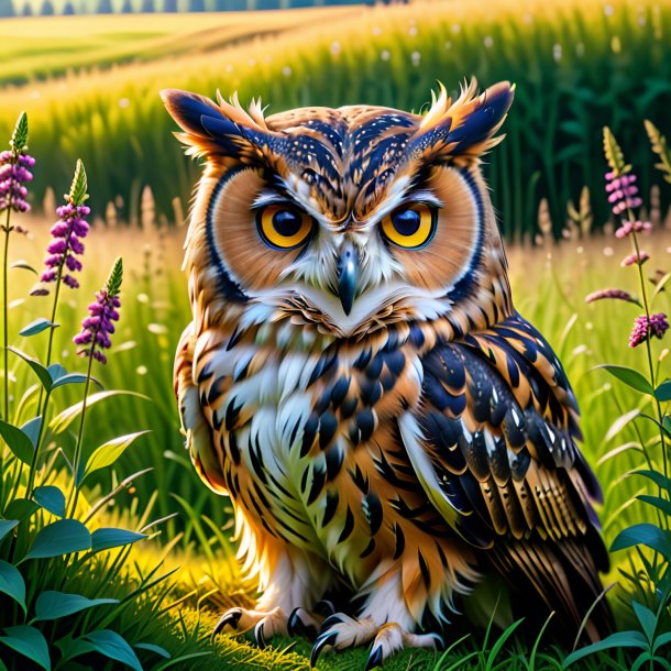 Picture of a resting of a owl in the meadow