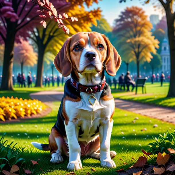 Photo of a beagle in a gloves in the park