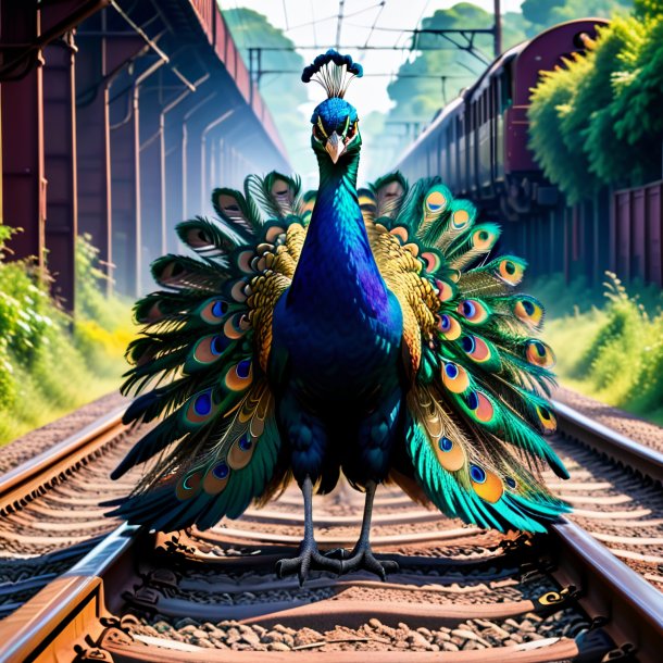 Foto de una amenaza de un pavo real en las vías del tren