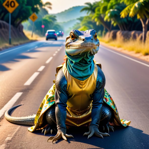 Foto de una lagartija monitora en un vestido en el camino