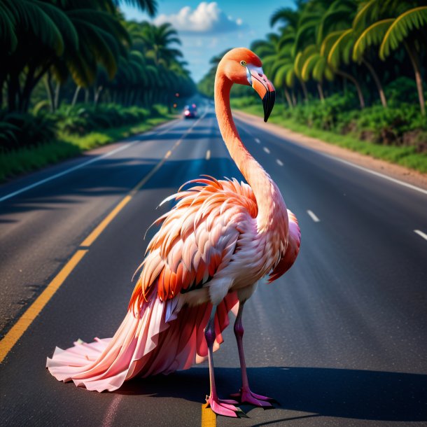 Image of a flamingo in a dress on the road