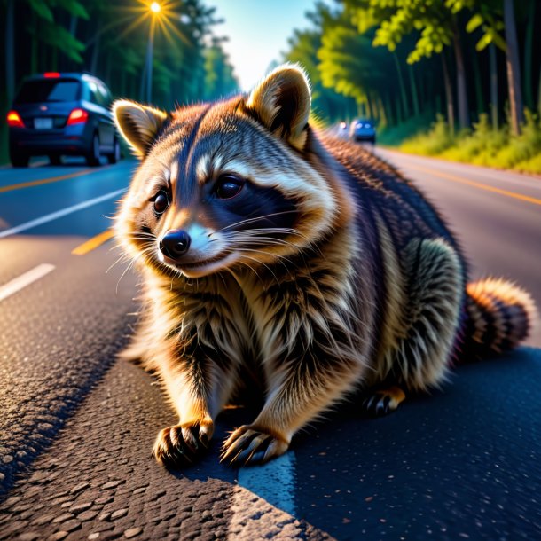 Pic d'un sommeil de raton laveur sur la route