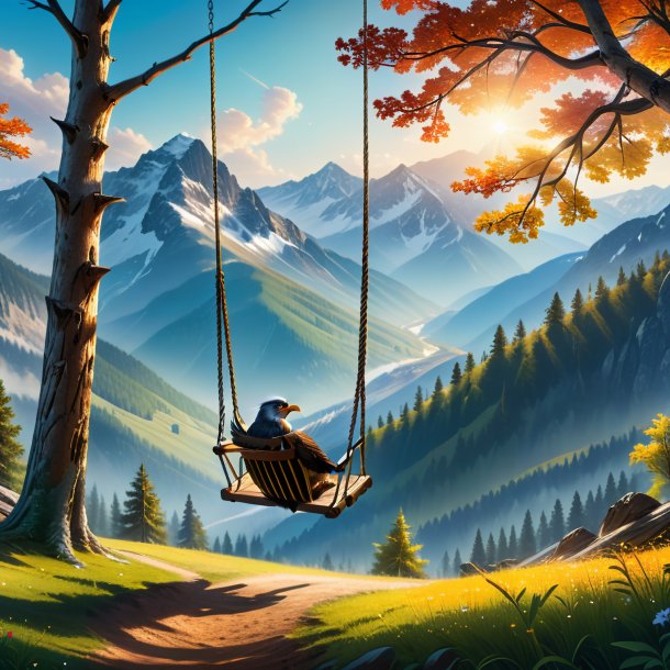 Photo of a swinging on a swing of a hawk in the mountains