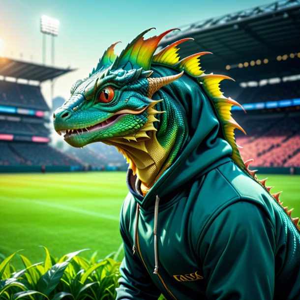 Pic of a basilisk in a hoodie on the field