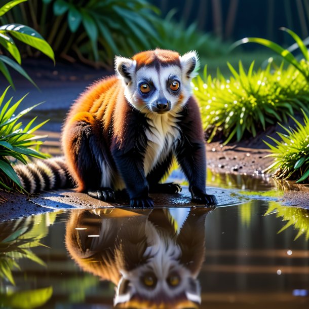 Photo of a waiting of a lemur in the puddle