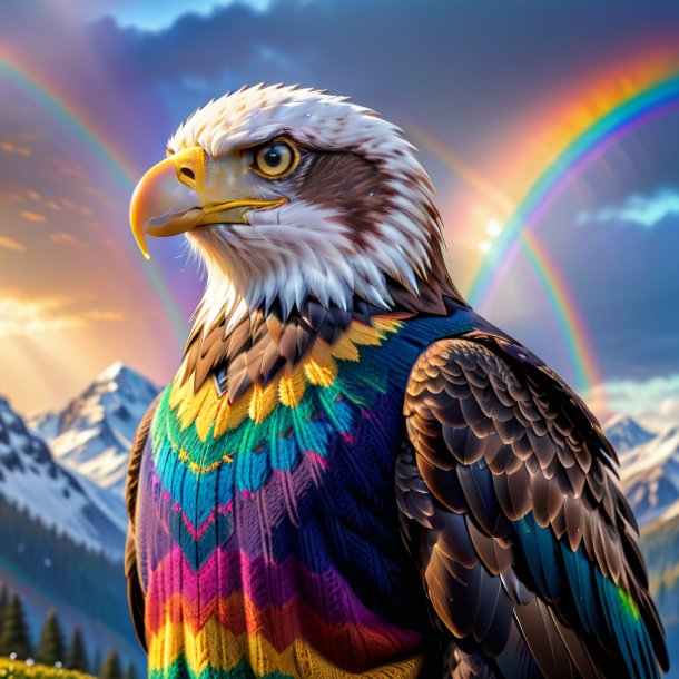 Foto de un águila en un suéter en el arco iris