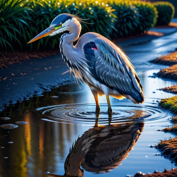 Foto de una garza en un suéter en el charco