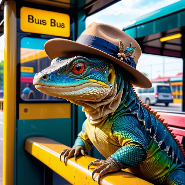 Imagem de um lagarto monitor em um chapéu no ponto de ônibus