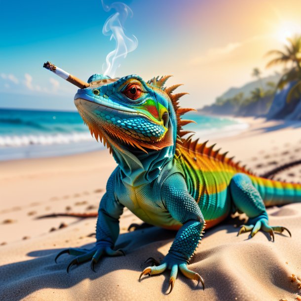 Foto de un fumar de un lagarto en la playa