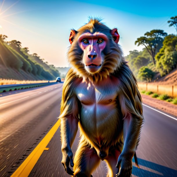 Foto de un babuino en un cinturón en la carretera