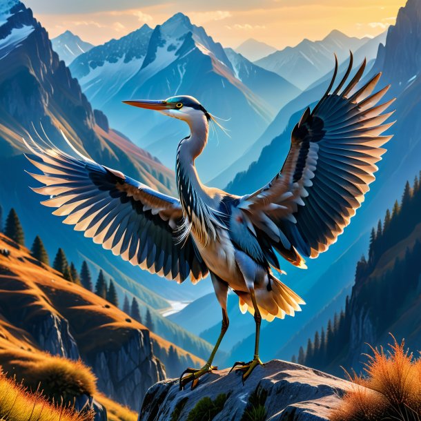 Photo of a dancing of a heron in the mountains