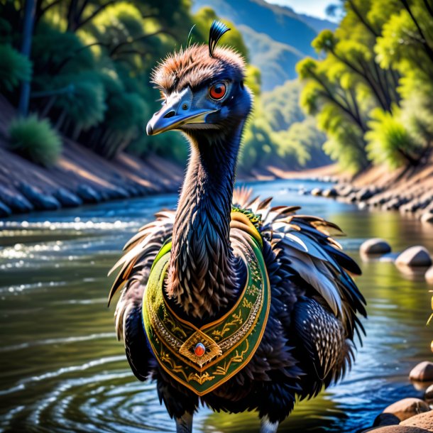 Pic of a emu in a vest in the river