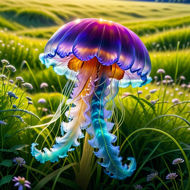 Image of a jellyfish in a coat in the meadow