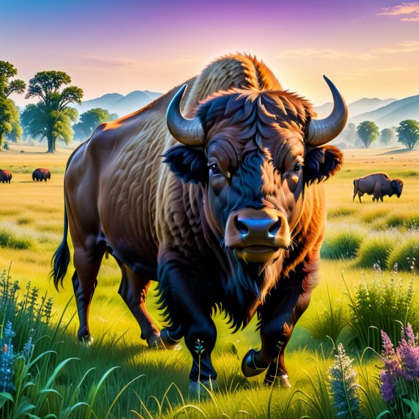 Pic of a drinking of a buffalo in the meadow