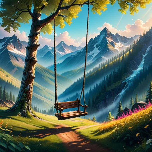 Image of a swinging on a swing of a pike in the mountains