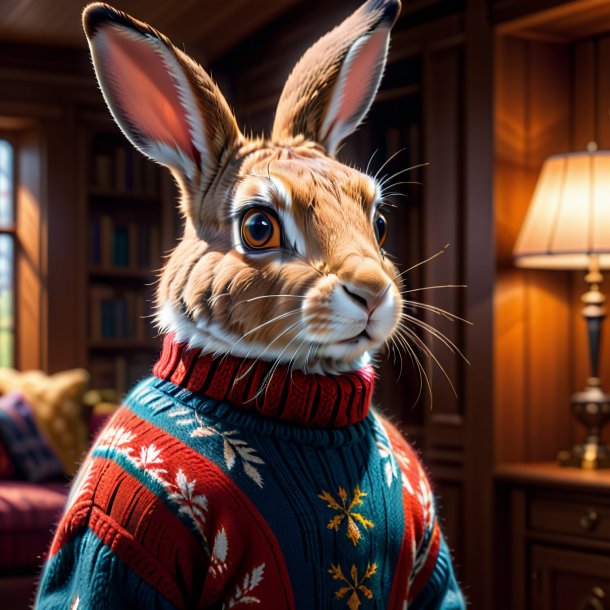 Picture of a hare in a sweater in the house