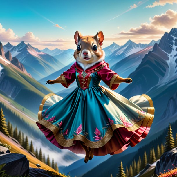 Drawing of a flying squirrel in a dress in the mountains