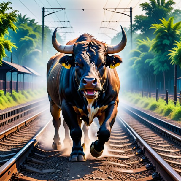 Picture of a crying of a bull on the railway tracks