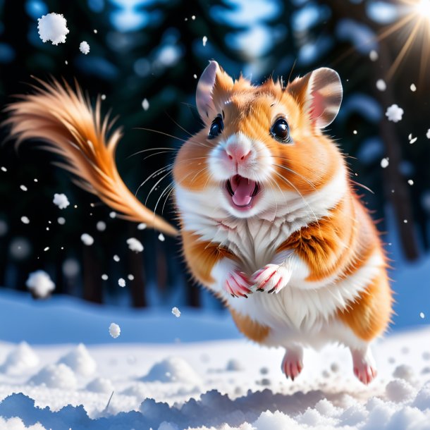 Pic of a jumping of a hamster in the snow