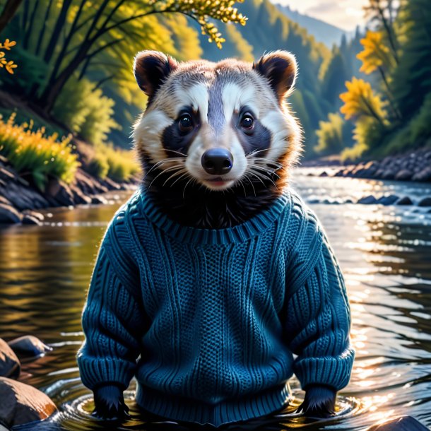 Photo of a badger in a sweater in the river