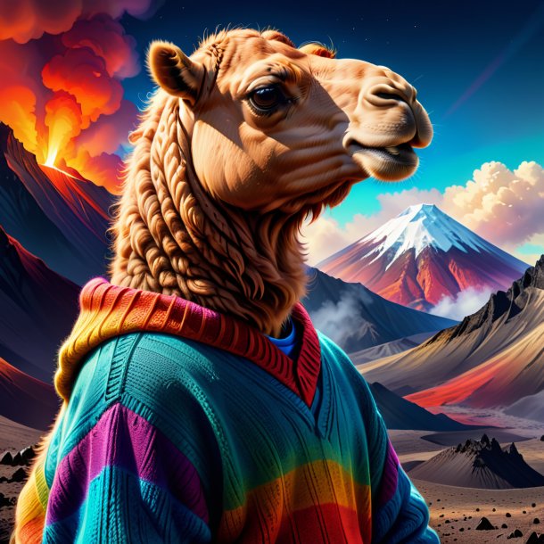 Drawing of a camel in a sweater in the volcano