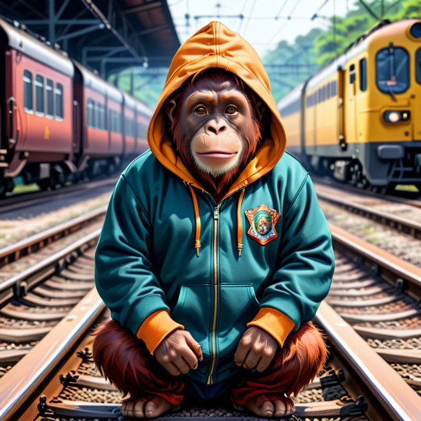 Dibujo de un orangután en una sudadera con capucha sobre las vías del ferrocarril