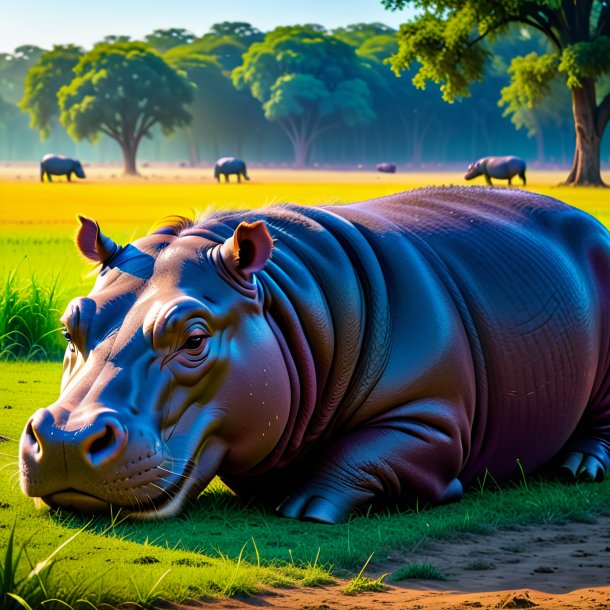 Picture of a sleeping of a hippopotamus on the field