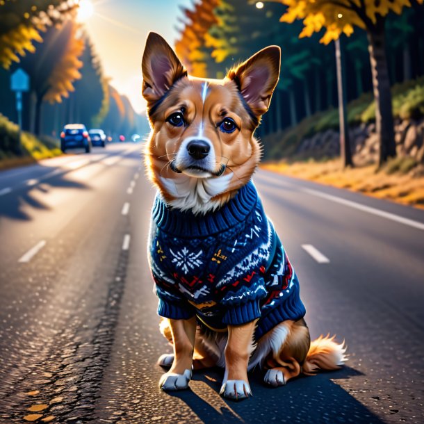 Foto de un perro en un suéter en el camino