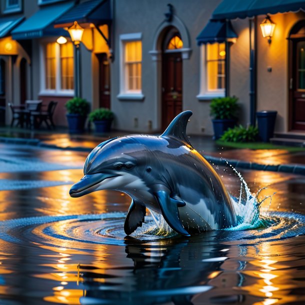 Photo of a playing of a dolphin in the puddle