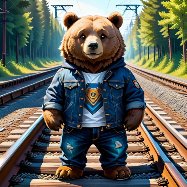 Desenho de um urso em um jeans nos trilhos ferroviários