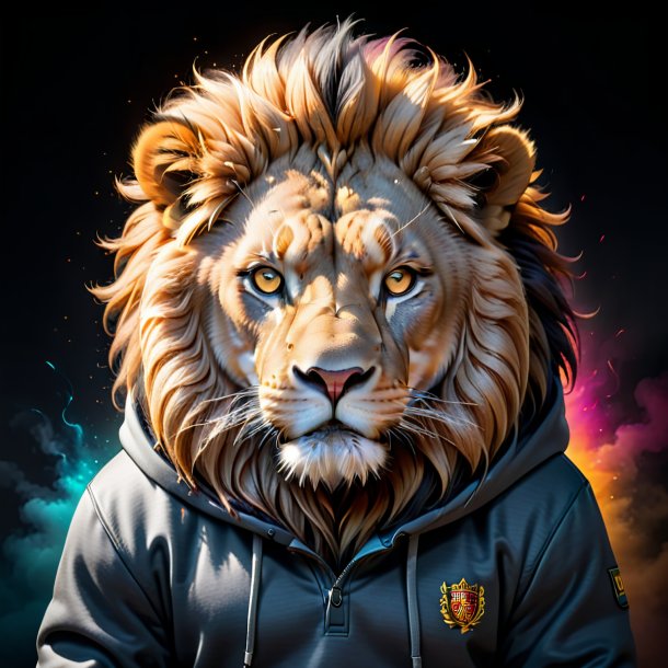 Image of a lion in a gray hoodie