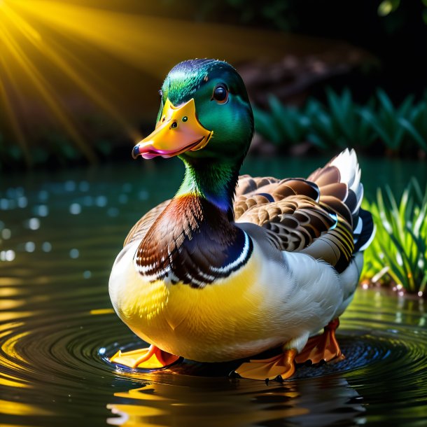 Foto de un pato en un cinturón amarillo