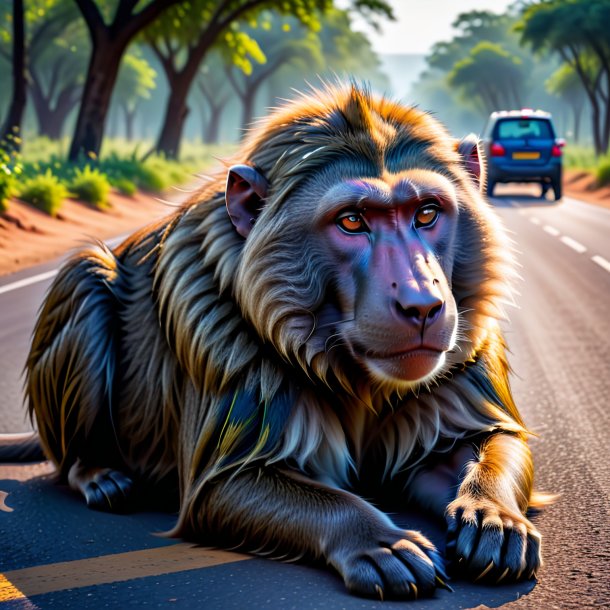 Image of a sleeping of a baboon on the road