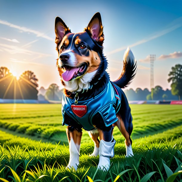 Foto de un perro en guantes en el campo