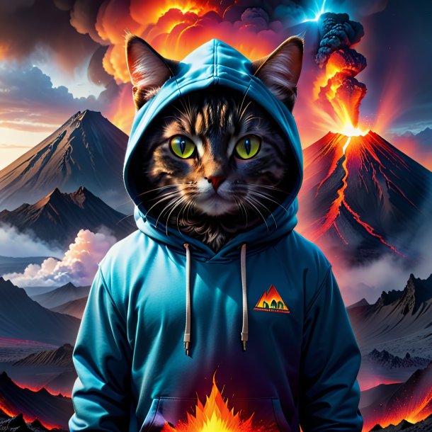 Image of a cat in a hoodie in the volcano