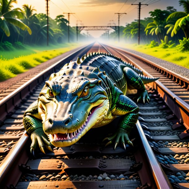 Imagem de uma natação de um crocodilo nos trilhos ferroviários