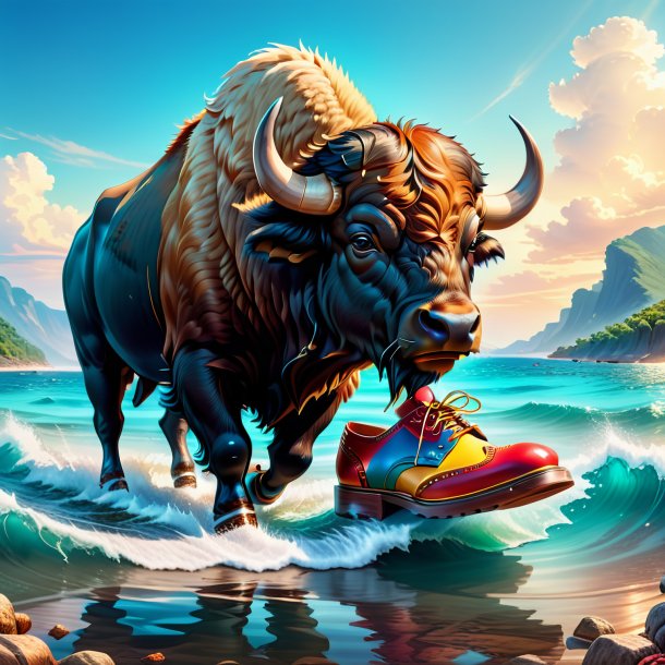 Illustration of a buffalo in a shoes in the sea